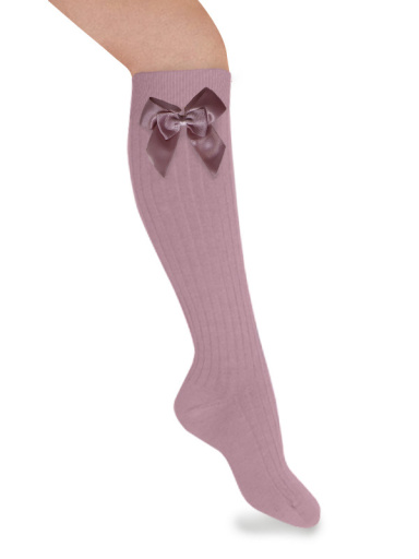 Calcetines altos canalé con lazo de raso doble Rosa Pastel Pinkpie